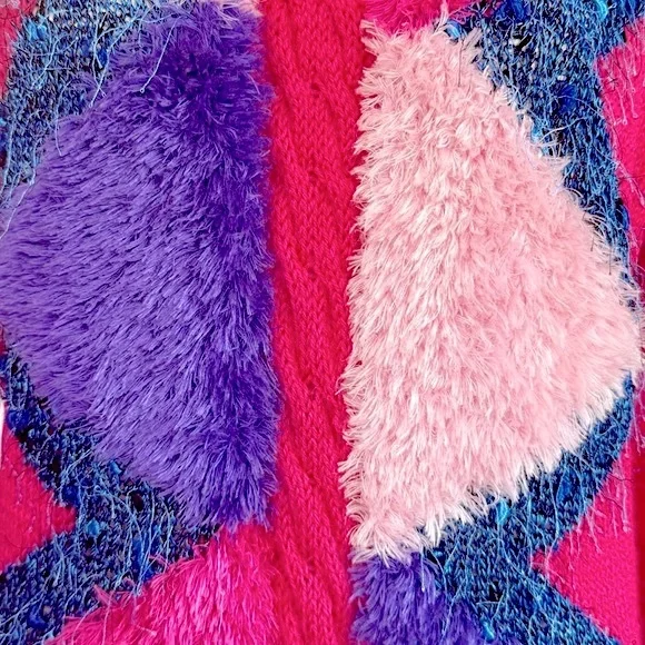 VINTAGE Funky & Fuzzy Pink & Purple Shaggy Fringe Teddy Bear Knit Pullover
